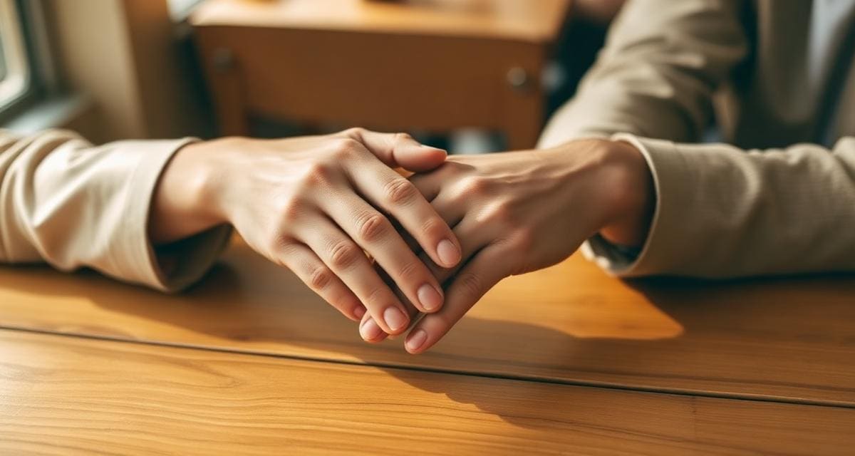 Δύο χέρια κρατιούνται απαλά πάνω σε ξύλινο τραπέζι